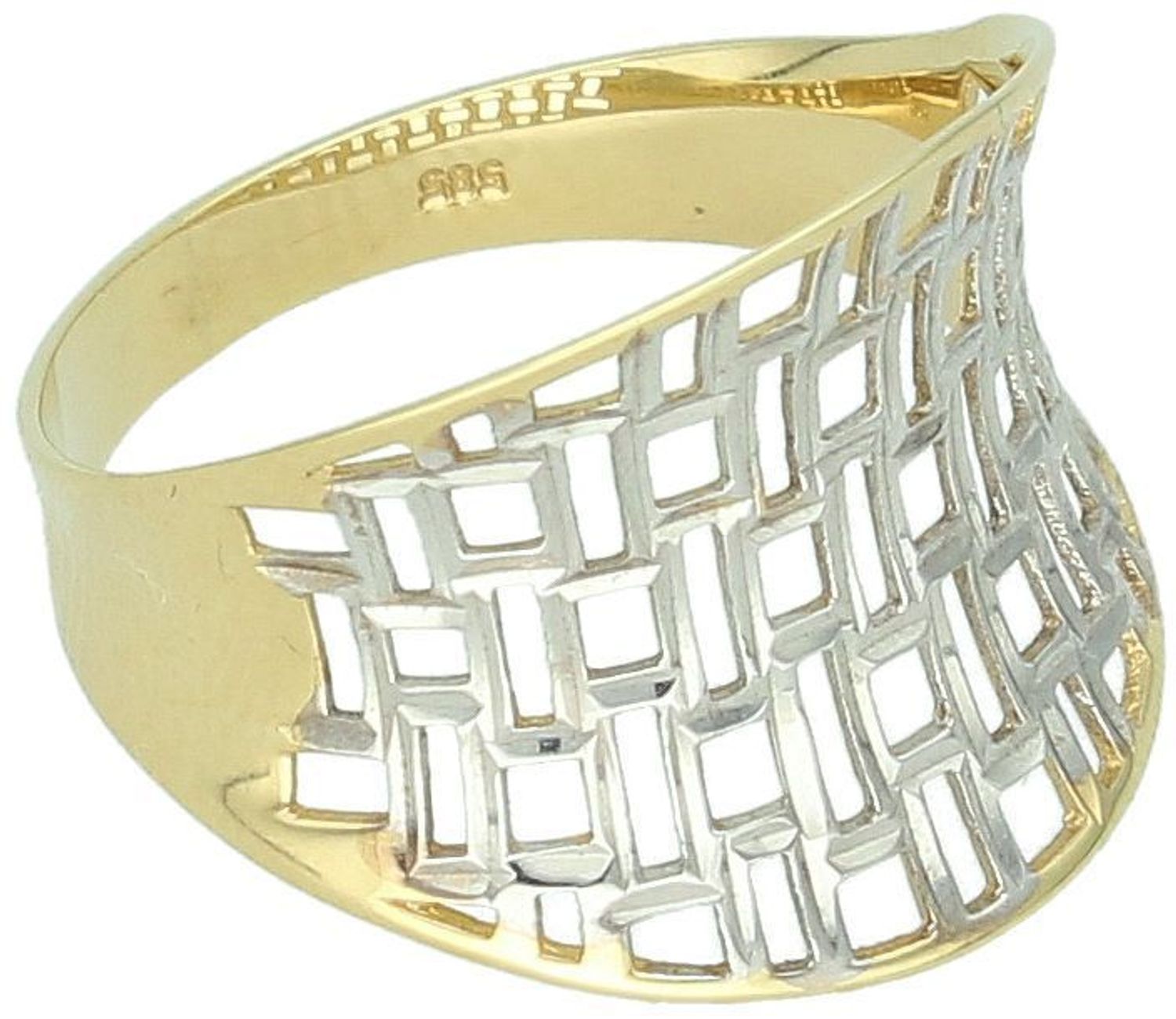 Ażurowy pierścionek damski złoty próby 585 z dodatkiem białego złota. Model P 2459, waga 1,93 g, rozmiar 14. Szerokość góry 1,5 cm, szyna dolna 3 mm. Idealny na prezent lub elegancką okazję.1.jpg